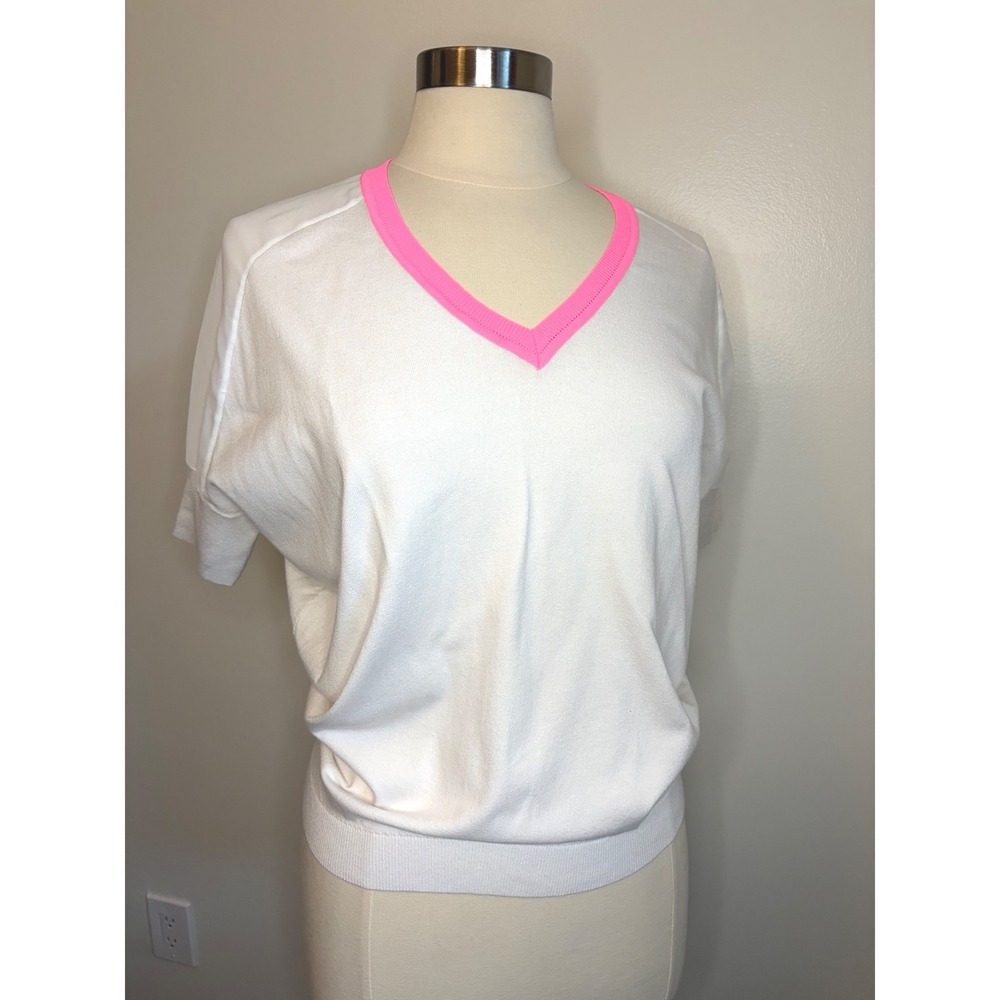 Karen Millen White Knit V-Neck Top Neon Pink Trim Mixed Media Sheer Sleeve Sz 1